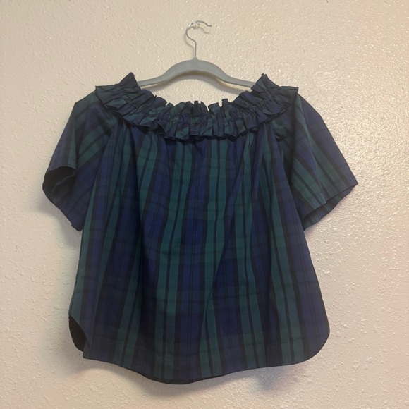 Vineyard Vines Blackwatch Plaid Off Shoulder Poplin Top - Picture 4 of 8